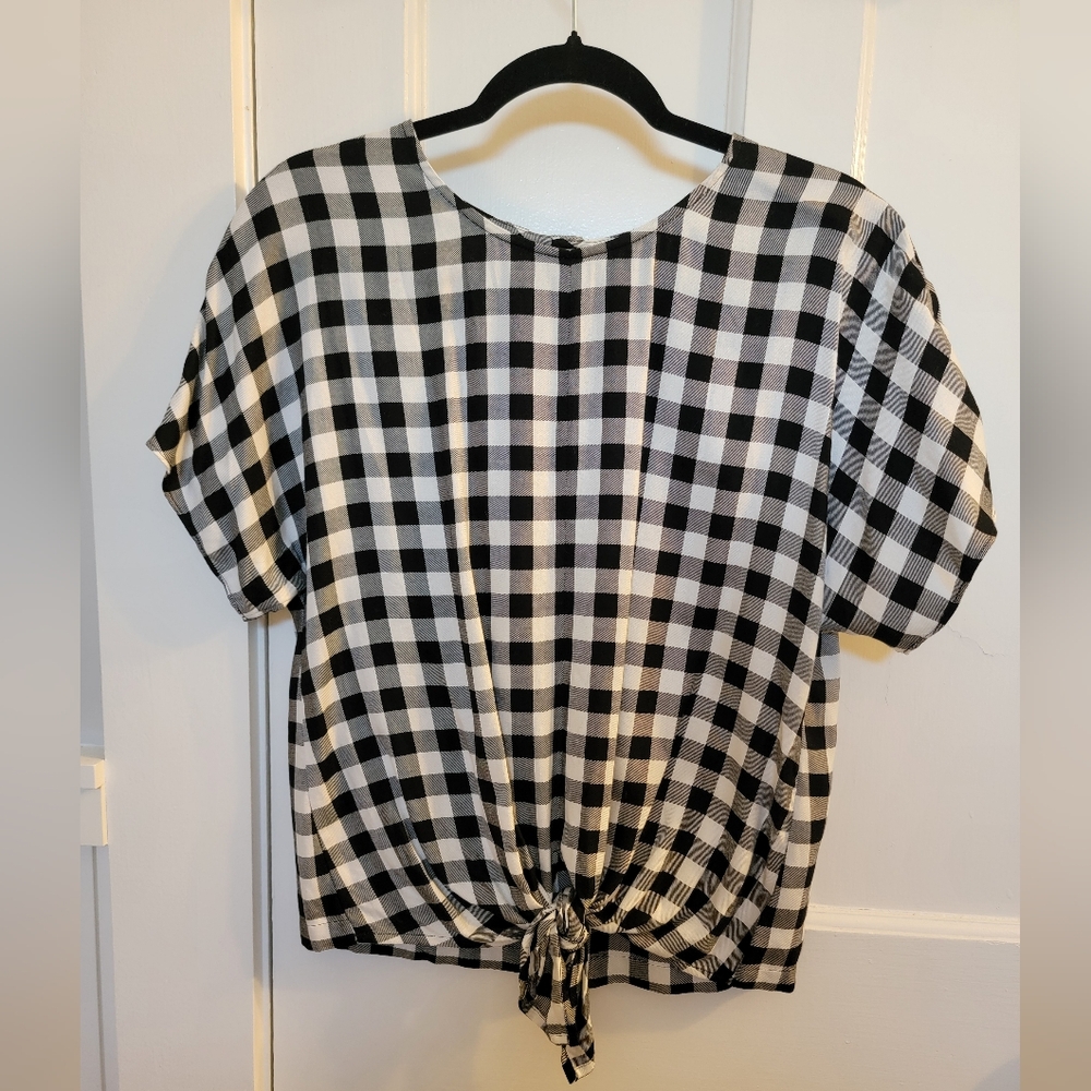 Madewell short sleeve tie shirt blouse black white check plaid M medium